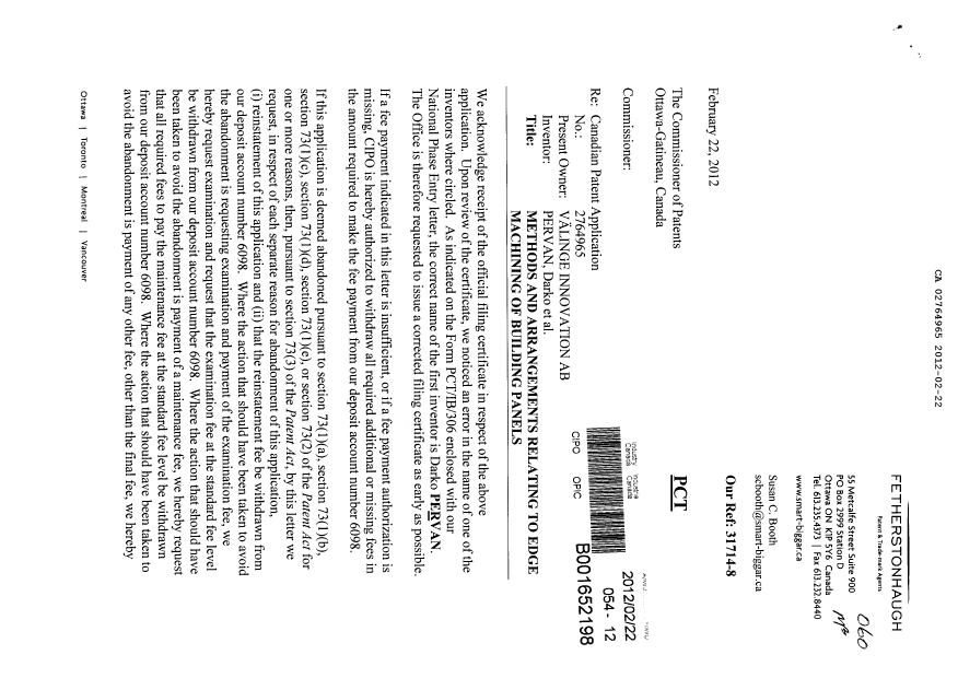 Document de brevet canadien 2764965. Correspondance 20120222. Image 1 de 3
