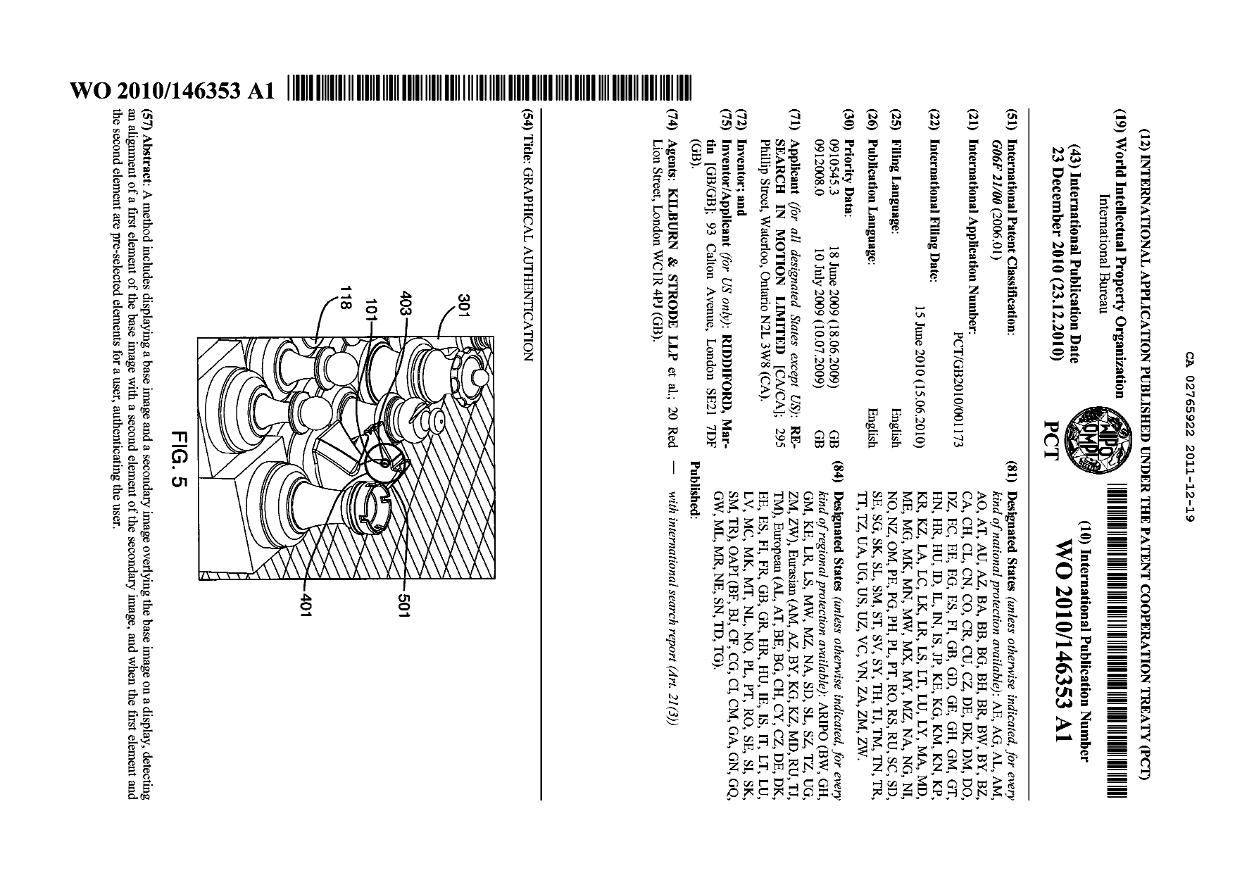 Document de brevet canadien 2765922. Abrégé 20111219. Image 1 de 1