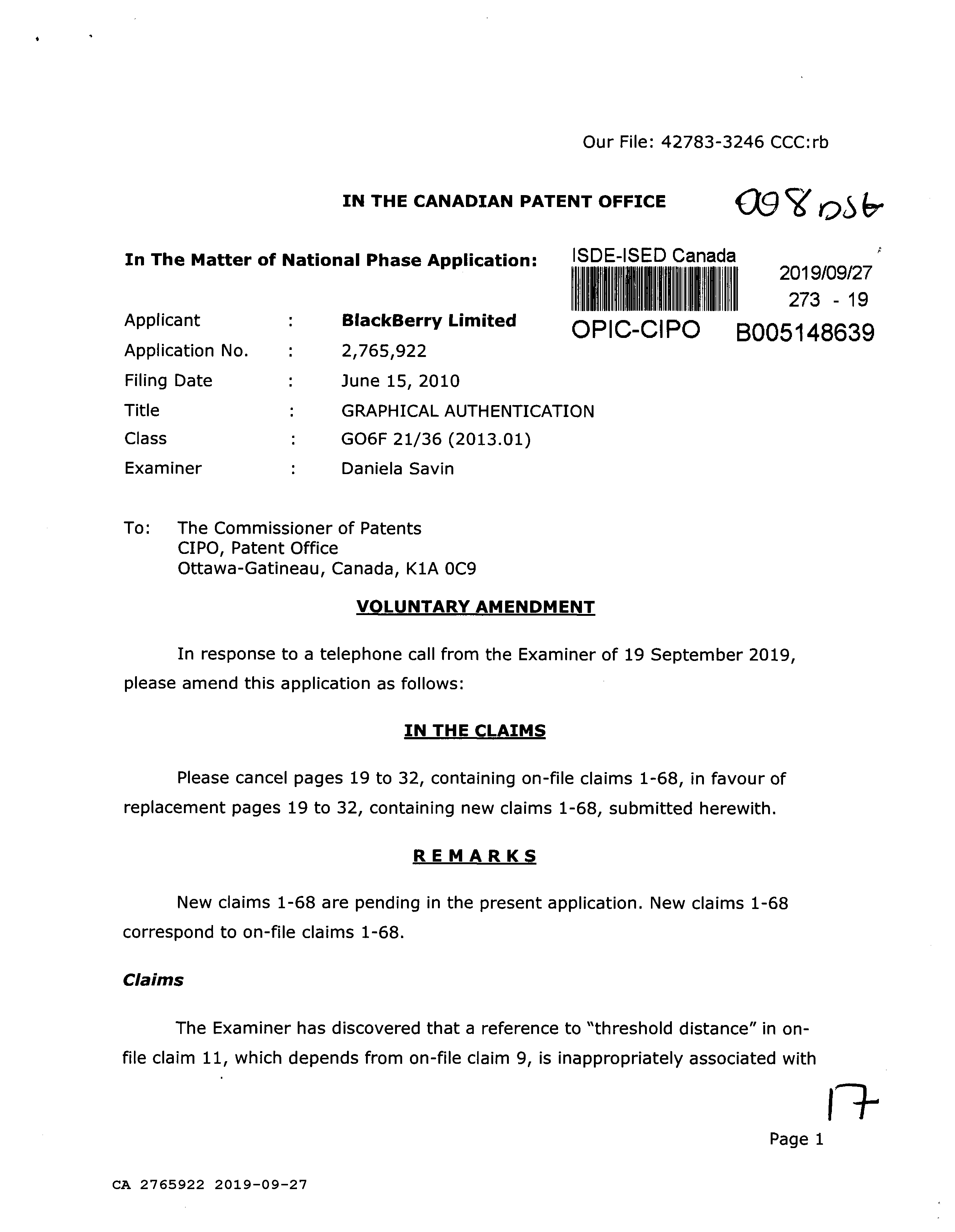 Document de brevet canadien 2765922. Poursuite-Amendment 20181227. Image 1 de 17