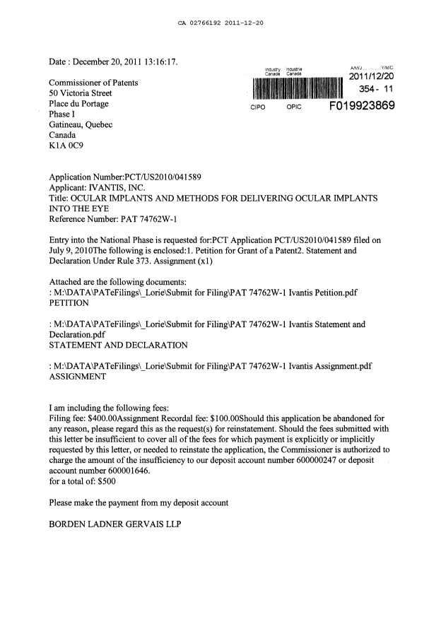 Document de brevet canadien 2766192. Cession 20111220. Image 1 de 12