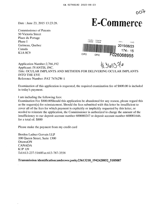 Document de brevet canadien 2766192. Requête d'examen 20150623. Image 1 de 1