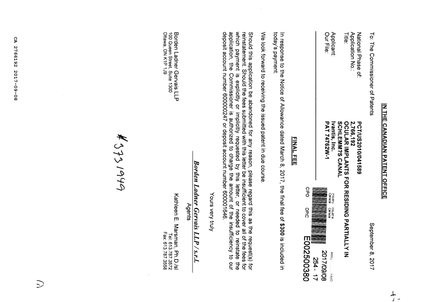 Document de brevet canadien 2766192. Taxe finale 20170908. Image 1 de 1