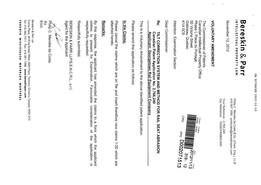 Document de brevet canadien 2766249. Poursuite-Amendment 20111213. Image 3 de 8