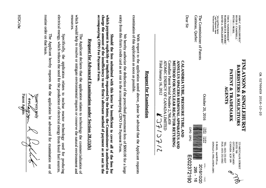 Document de brevet canadien 2766459. Requête d'examen 20161020. Image 1 de 1