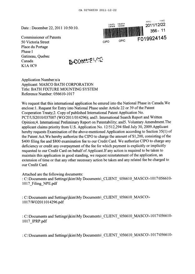 Document de brevet canadien 2766539. Cession 20111222. Image 1 de 9