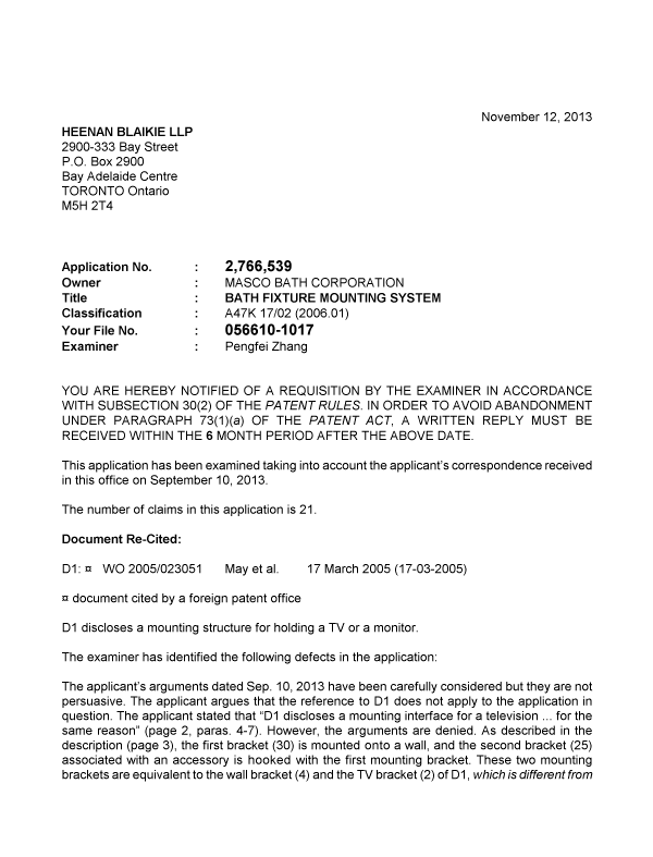 Document de brevet canadien 2766539. Poursuite-Amendment 20131112. Image 1 de 2