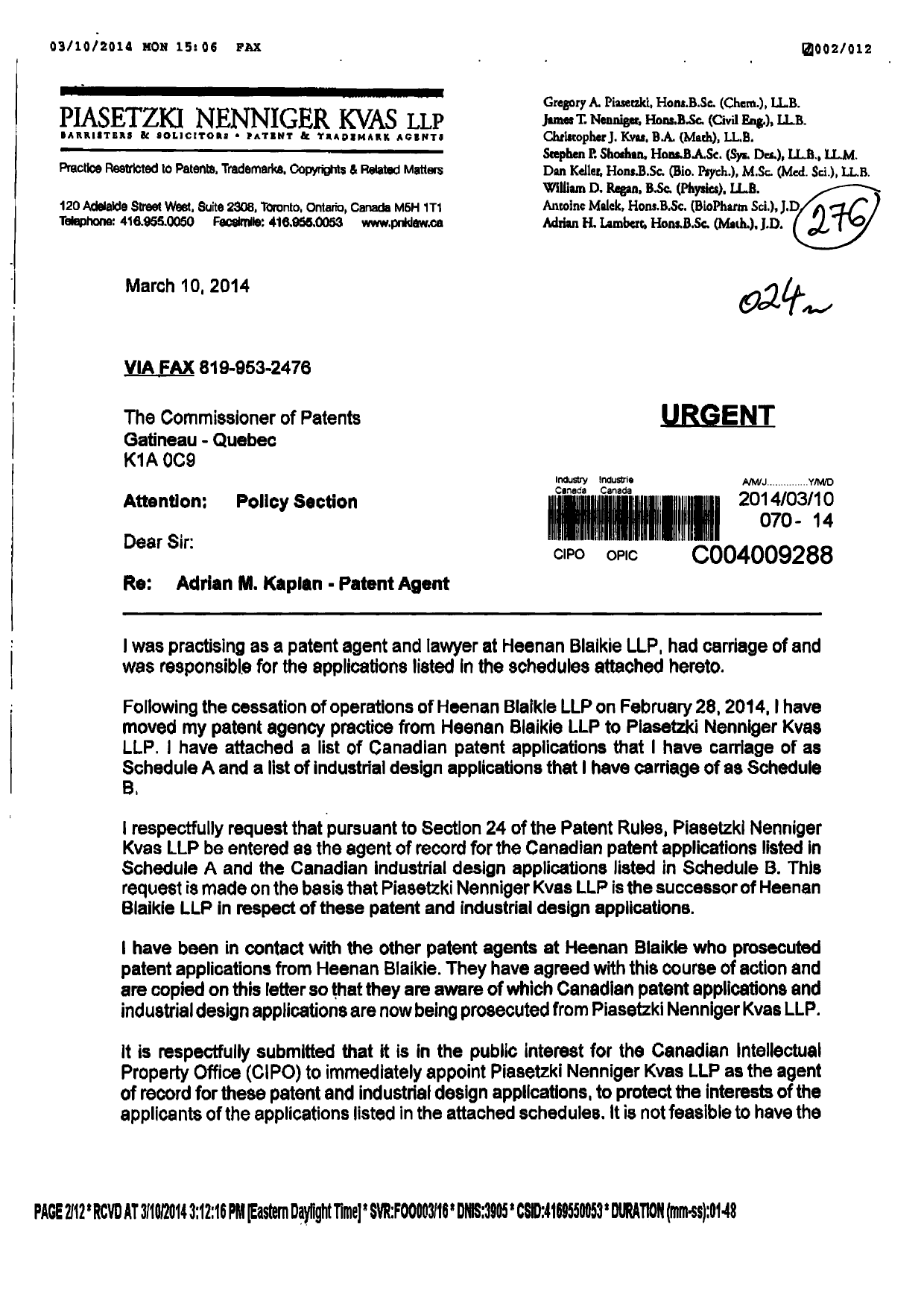 Canadian Patent Document 2766539. Correspondence 20140310. Image 1 of 12