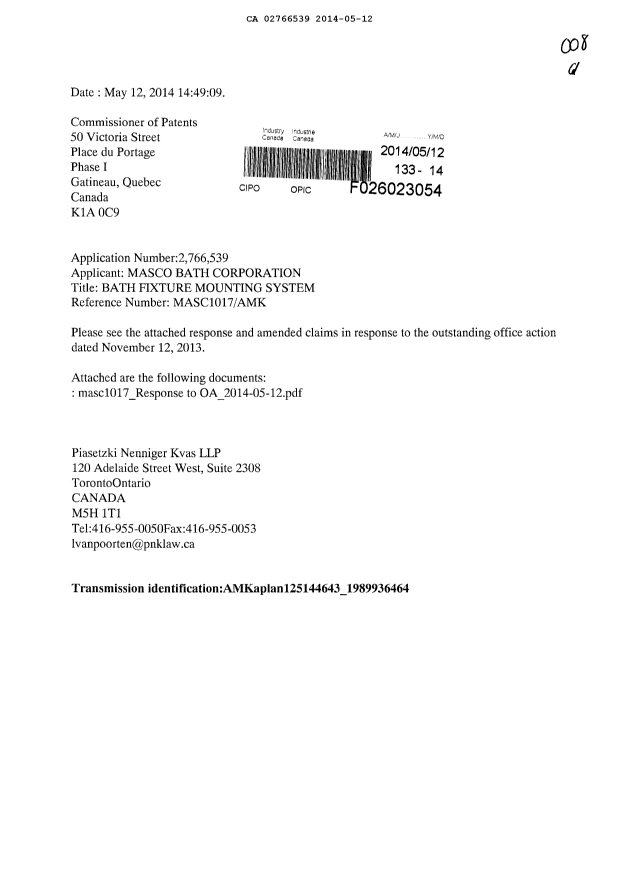 Canadian Patent Document 2766539. Prosecution-Amendment 20140512. Image 1 of 8