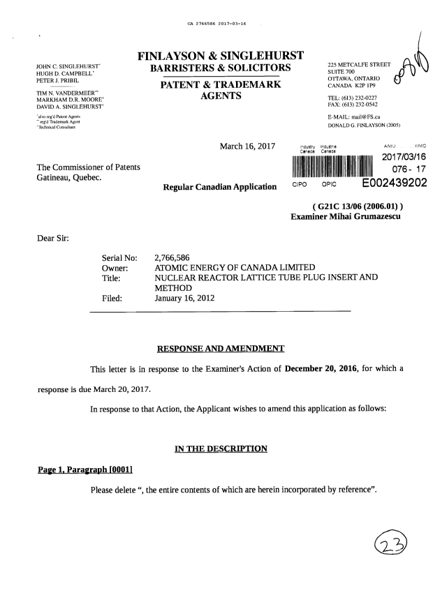 Document de brevet canadien 2766586. Poursuite-Amendment 20161216. Image 1 de 23
