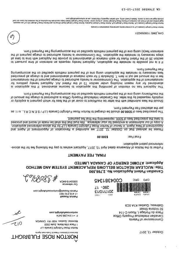 Document de brevet canadien 2766590. Correspondance 20161213. Image 1 de 6