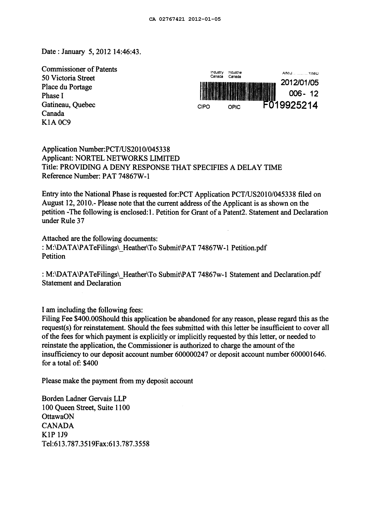 Document de brevet canadien 2767421. Cession 20120105. Image 1 de 8