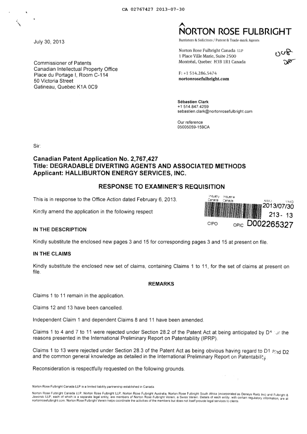 Document de brevet canadien 2767427. Poursuite-Amendment 20130730. Image 1 de 7