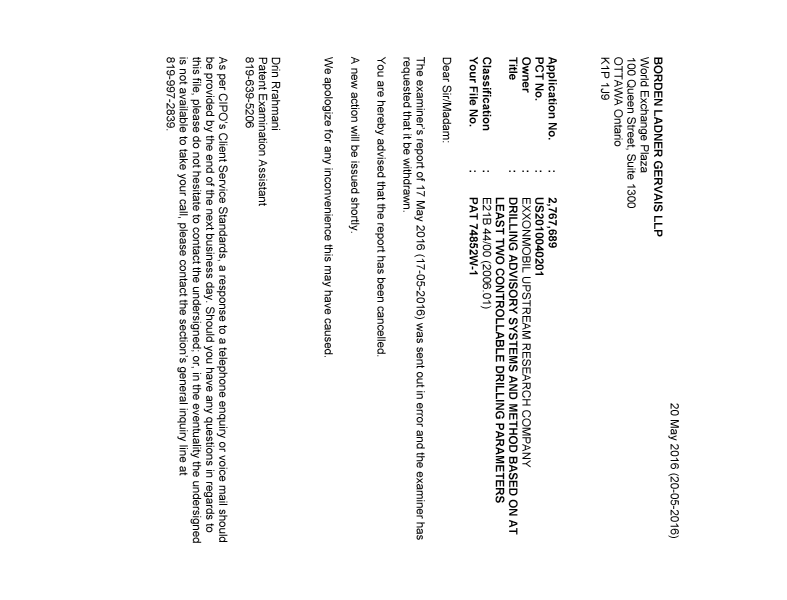 Document de brevet canadien 2767689. Lettre du bureau 20160520. Image 1 de 1