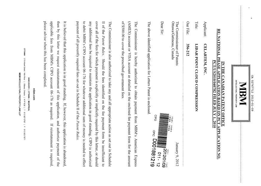Canadian Patent Document 2767712. Assignment 20120109. Image 1 of 4