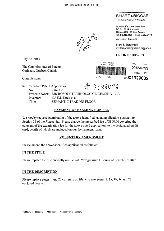 Document de brevet canadien 2767838. Modification 20150722. Image 1 de 13