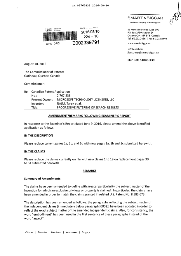 Document de brevet canadien 2767838. Modification 20160810. Image 1 de 11