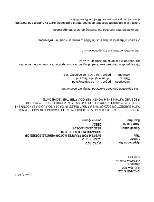 Document de brevet canadien 2767872. Poursuite-Amendment 20130603. Image 1 de 2
