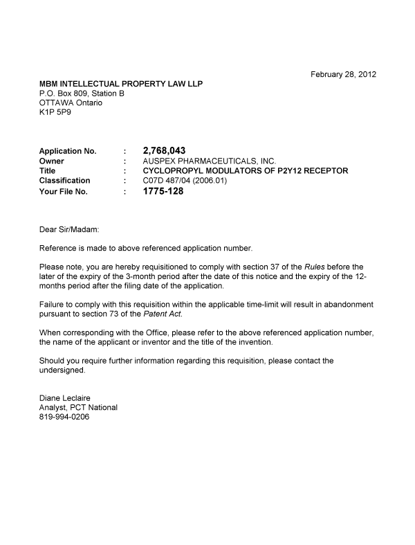 Document de brevet canadien 2768043. Correspondance 20120228. Image 1 de 1