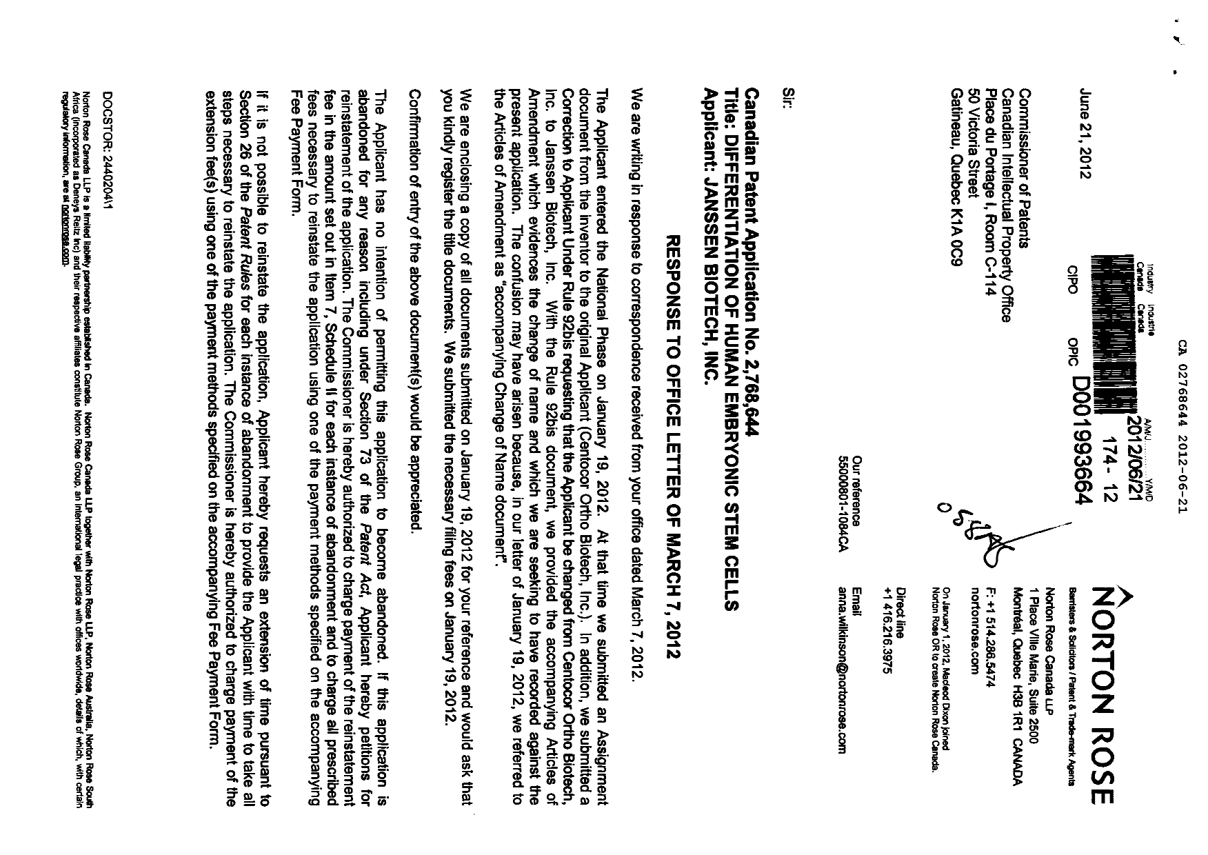 Canadian Patent Document 2768644. Correspondence 20120621. Image 1 of 18