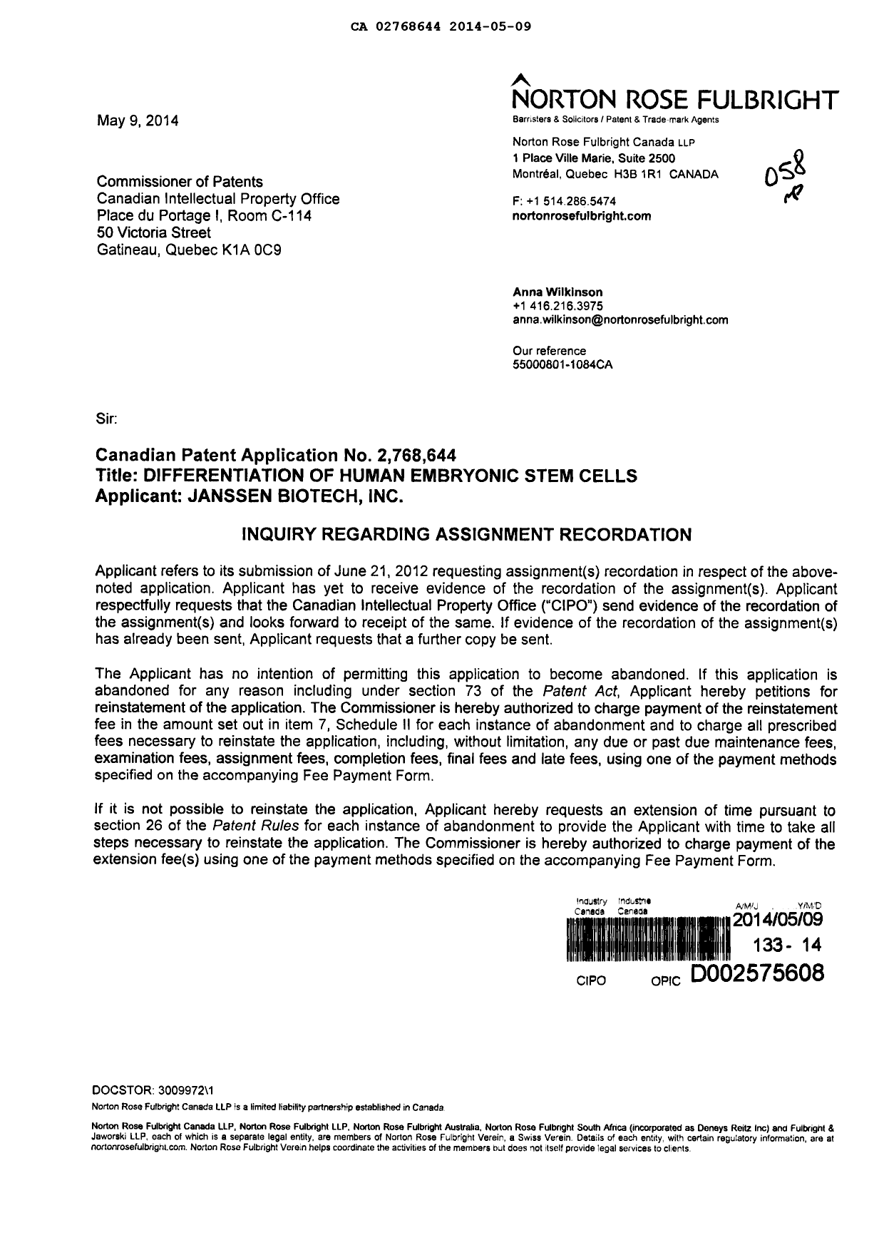 Document de brevet canadien 2768644. Correspondance 20140509. Image 1 de 2