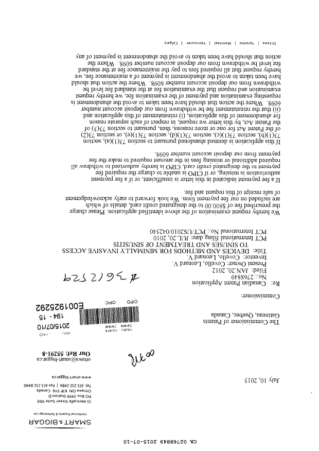 Canadian Patent Document 2768849. Request for Examination 20150710. Image 1 of 2