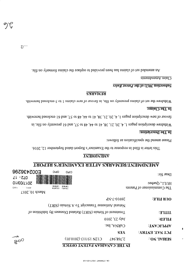Canadian Patent Document 2768947. Amendment 20170310. Image 1 of 26