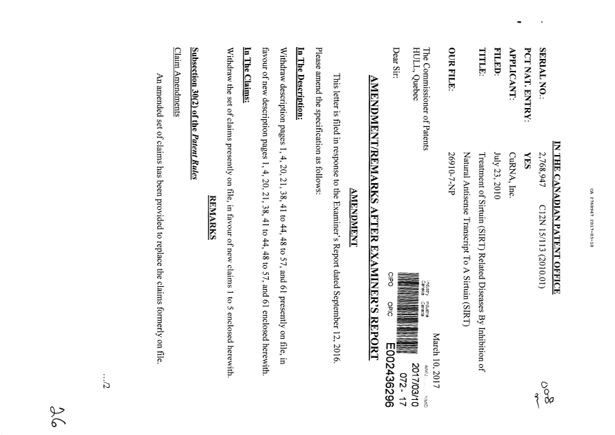 Document de brevet canadien 2768947. Modification 20170310. Image 1 de 26