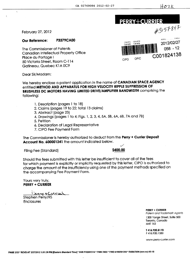 Document de brevet canadien 2769084. Cession 20120227. Image 1 de 4