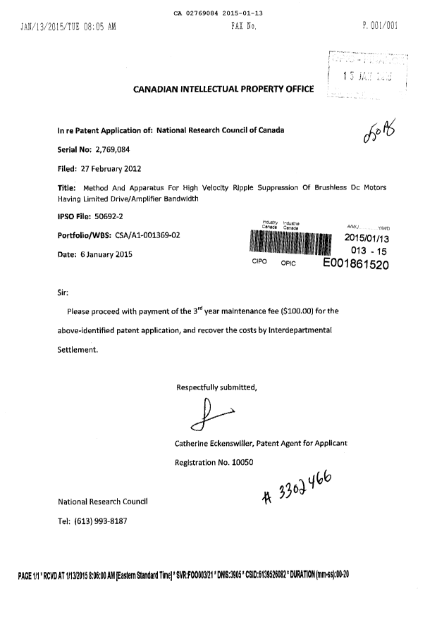 Document de brevet canadien 2769084. Taxes 20150113. Image 1 de 1