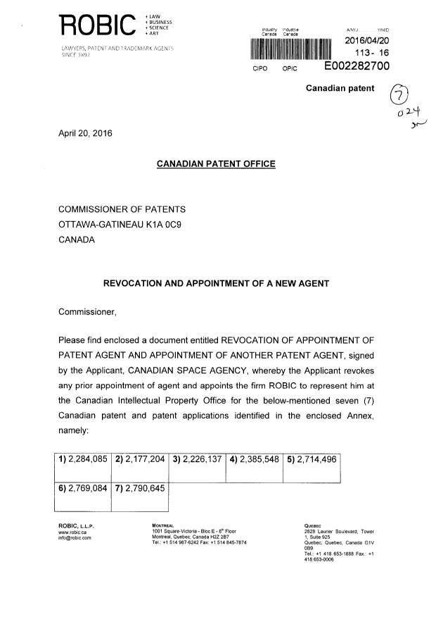 Document de brevet canadien 2769084. Correspondance 20160420. Image 1 de 5