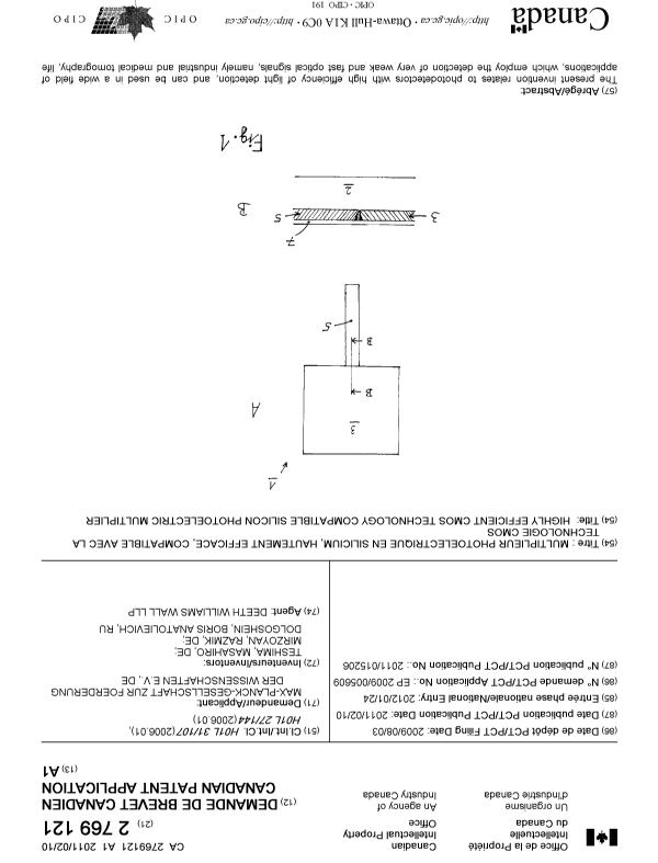 Canadian Patent Document 2769121. Cover Page 20120328. Image 1 of 2