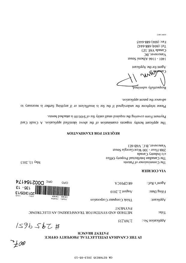 Canadian Patent Document 2769235. Prosecution-Amendment 20130513. Image 1 of 1