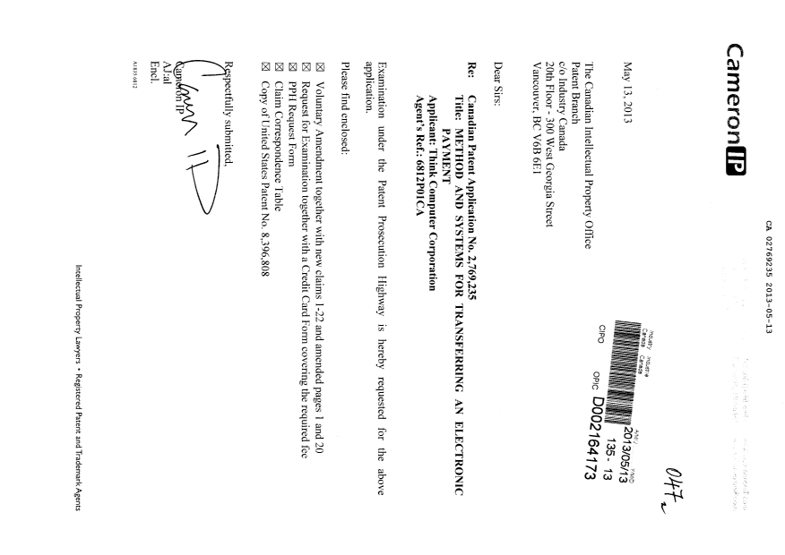 Canadian Patent Document 2769235. Prosecution-Amendment 20130513. Image 1 of 14