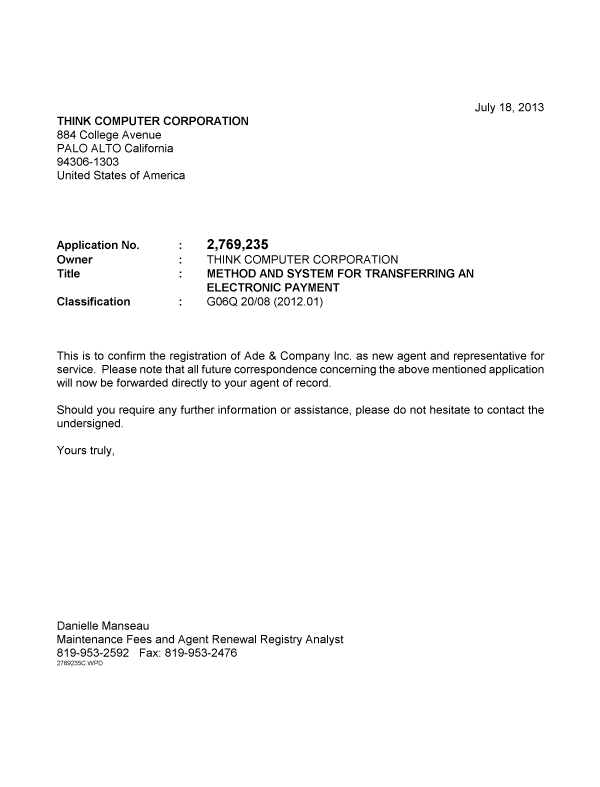 Document de brevet canadien 2769235. Correspondance 20130718. Image 1 de 1