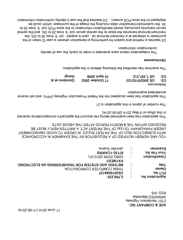 Canadian Patent Document 2769235. Prosecution-Amendment 20140617. Image 1 of 4