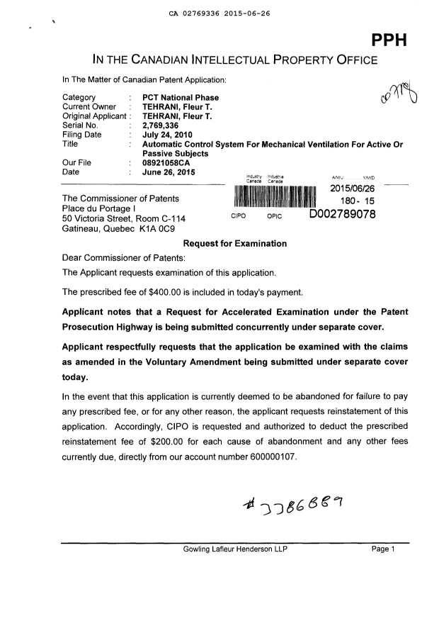Document de brevet canadien 2769336. Requête d'examen 20150626. Image 1 de 2