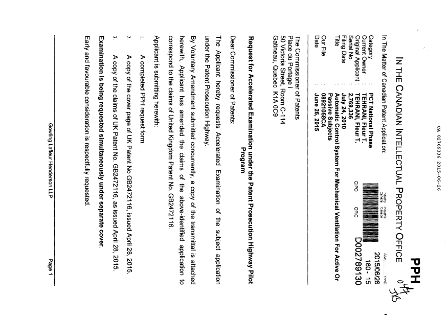 Document de brevet canadien 2769336. Requête ATDB (PPH) 20150626. Image 1 de 17