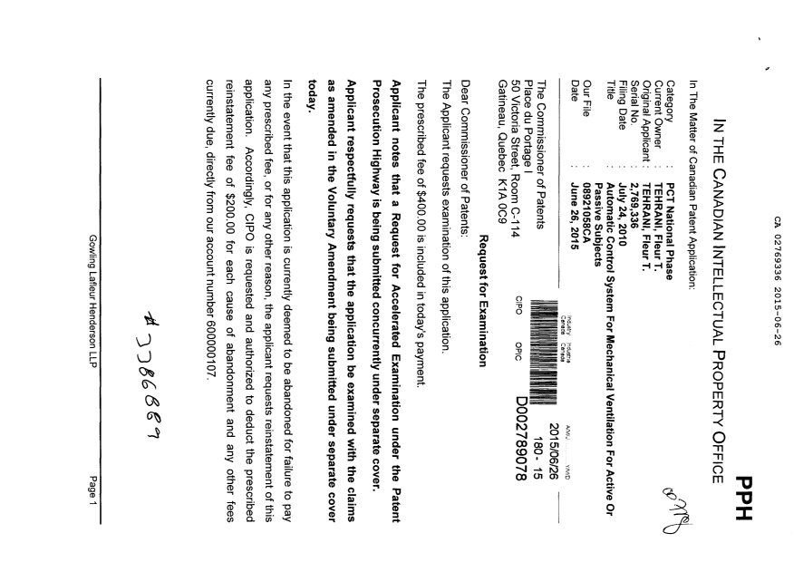 Document de brevet canadien 2769336. Requête d'examen 20150626. Image 1 de 2