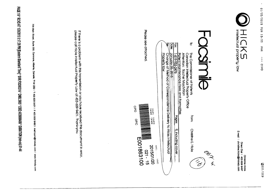Document de brevet canadien 2769543. Correspondance 20150120. Image 9 de 9
