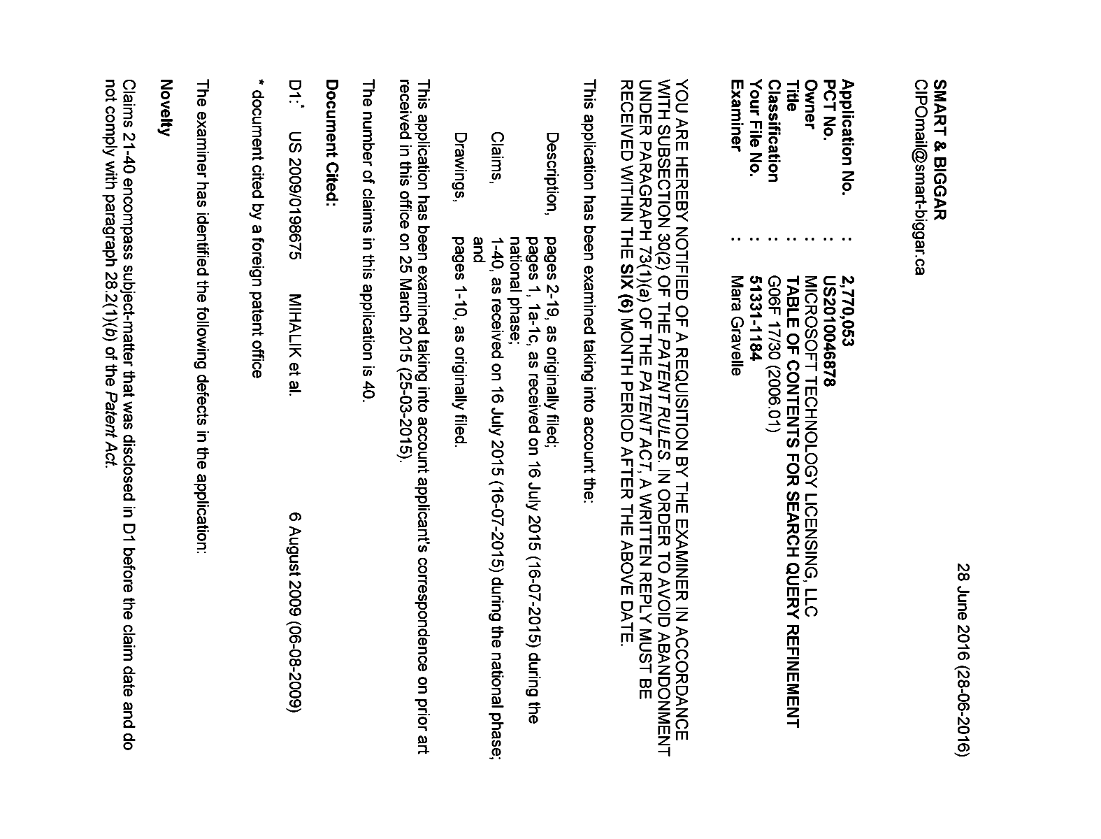 Document de brevet canadien 2770053. Demande d'examen 20160628. Image 1 de 5