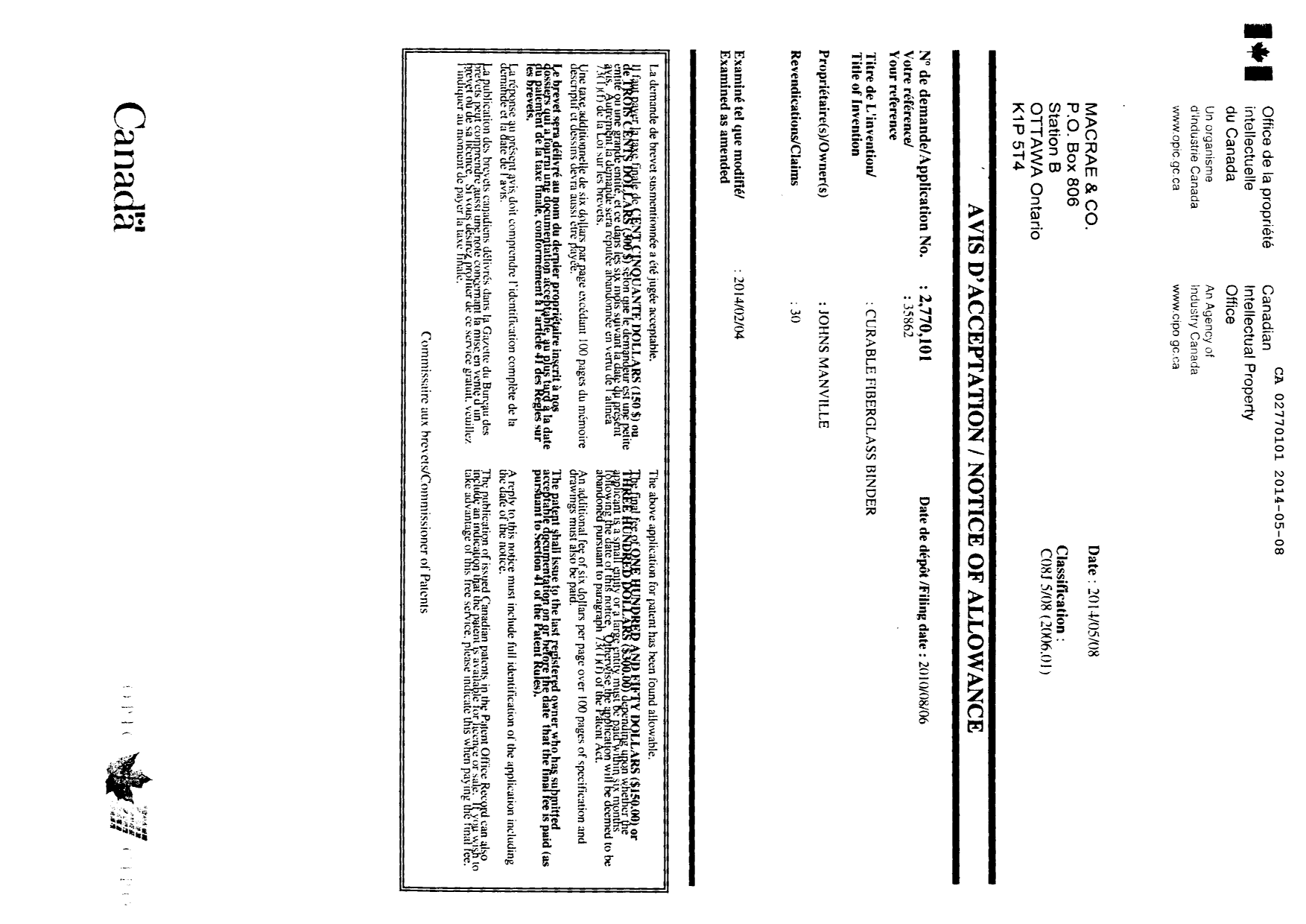 Canadian Patent Document 2770101. Prosecution-Amendment 20140508. Image 1 of 1
