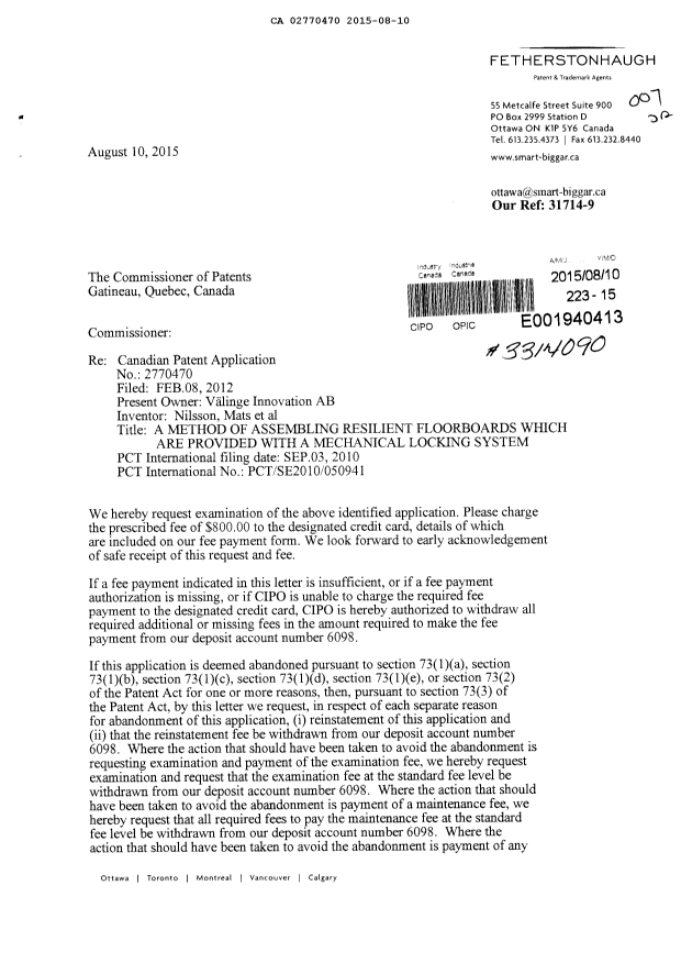 Document de brevet canadien 2770470. Requête d'examen 20150810. Image 1 de 2