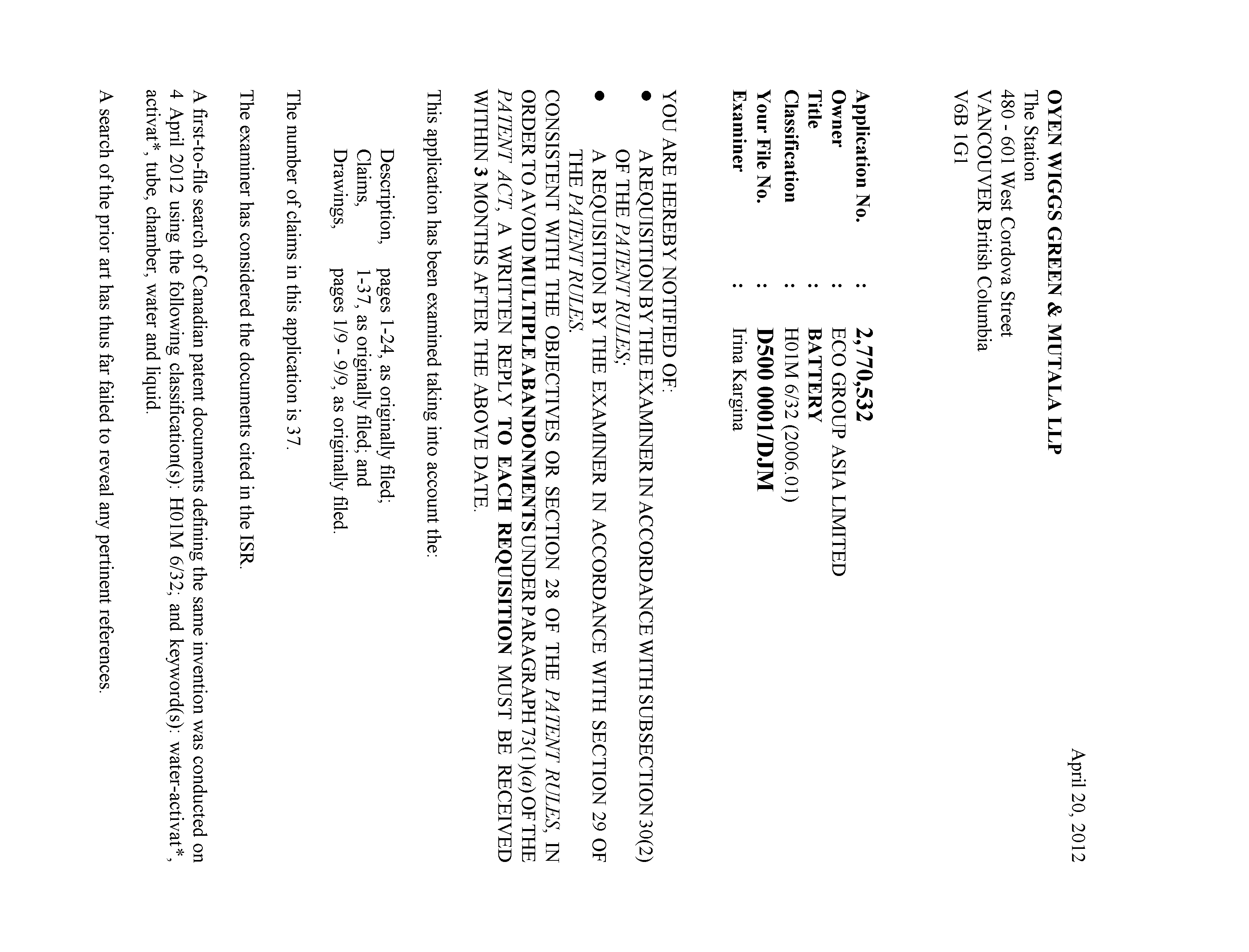 Canadian Patent Document 2770532. Prosecution-Amendment 20111220. Image 1 of 6