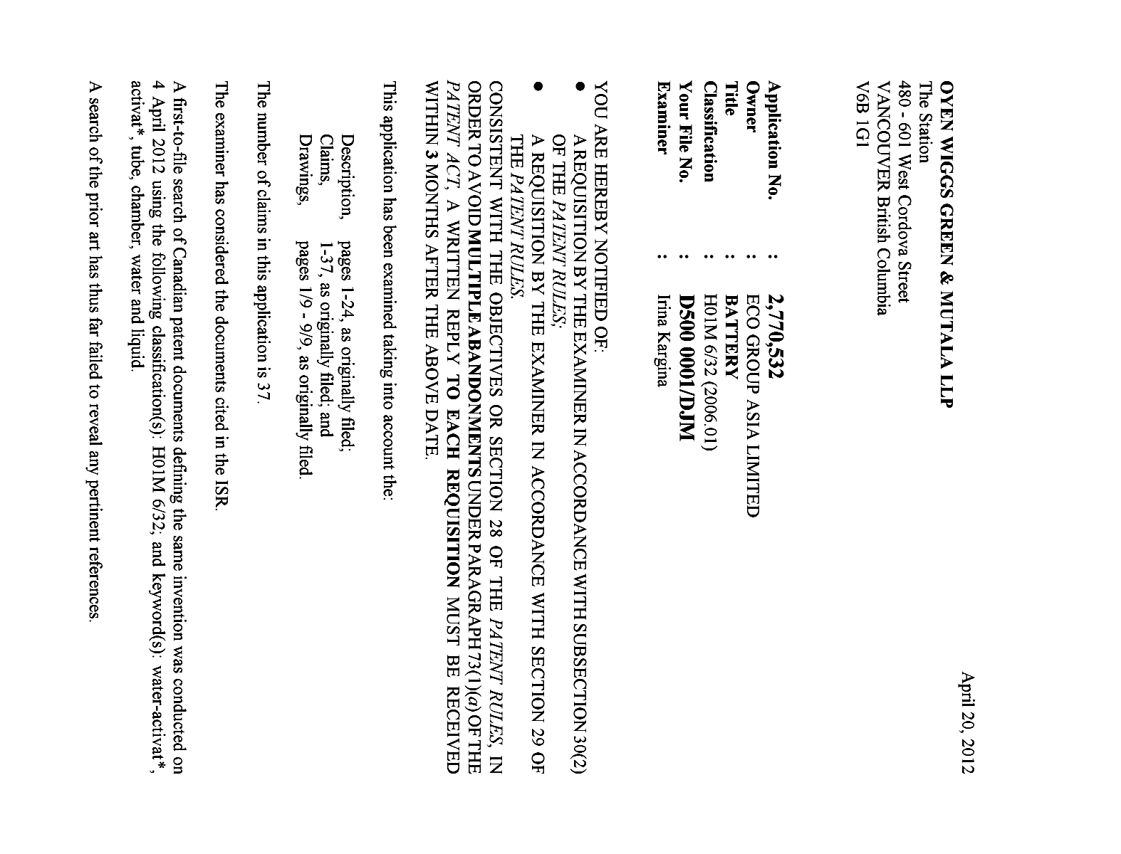 Document de brevet canadien 2770532. Poursuite-Amendment 20111220. Image 1 de 6