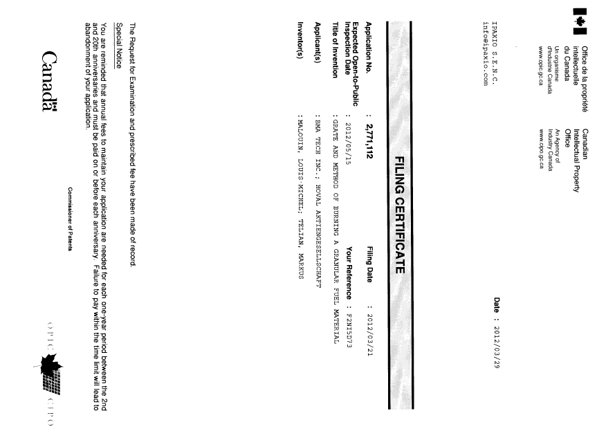 Document de brevet canadien 2771112. Correspondance 20111229. Image 1 de 1