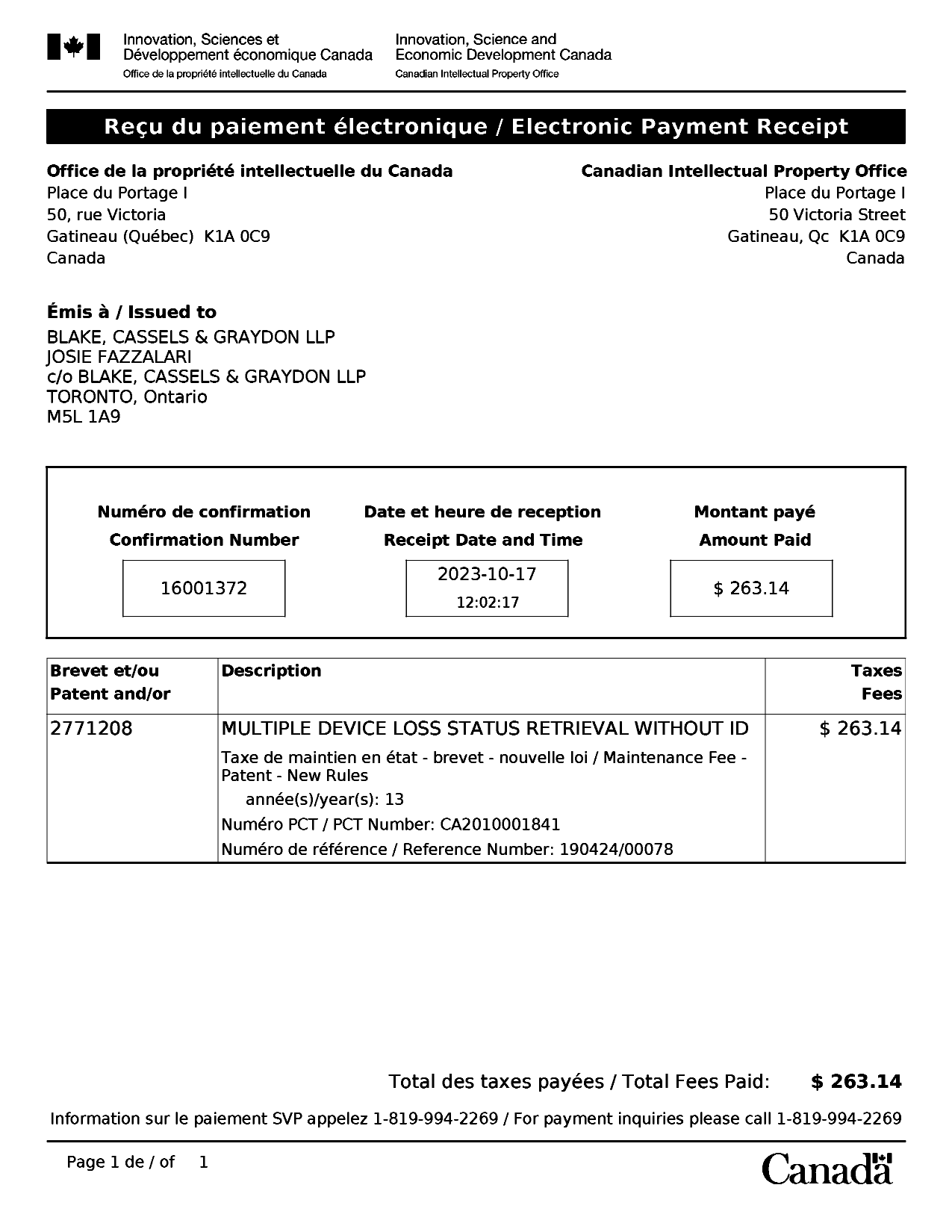 Document de brevet canadien 2771208. Paiement de taxe périodique 20231017. Image 1 de 1