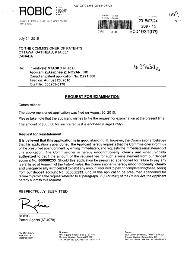 Document de brevet canadien 2771308. Poursuite-Amendment 20150724. Image 1 de 2