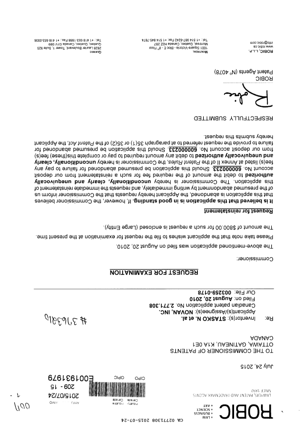 Canadian Patent Document 2771308. Prosecution-Amendment 20150724. Image 1 of 2