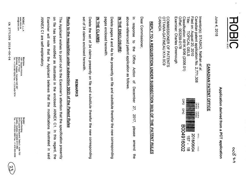 Document de brevet canadien 2771308. Modification 20180604. Image 1 de 23