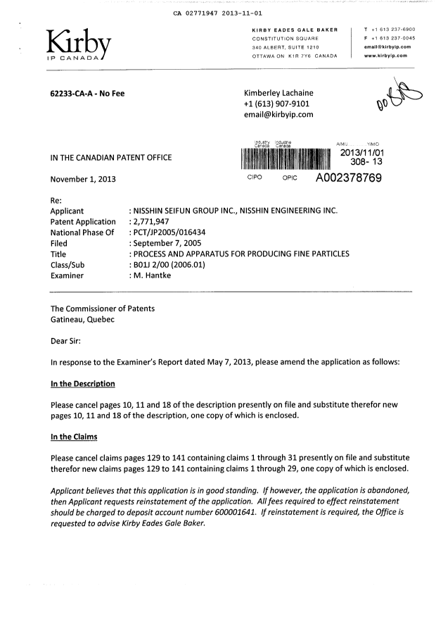 Document de brevet canadien 2771947. Poursuite-Amendment 20131101. Image 1 de 18